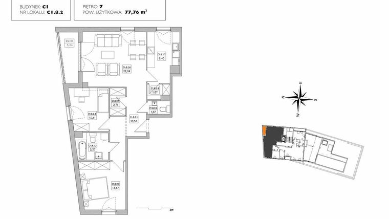 Rzut - Mieszkanie na sprzedaż 3 pokoje o powierzchni 77,76 m² - numer C1.8.2 w Alvarium 2.0