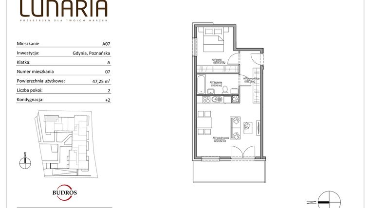 Rzut - Mieszkanie na sprzedaż 2 pokoje o powierzchni 47,25 m² - numer A07 w Lunaria