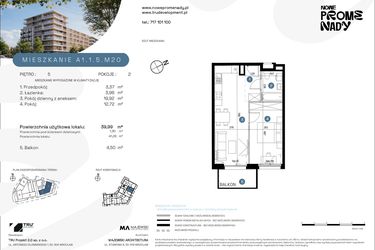 Rzut - Mieszkanie na sprzedaż 2 pokoje o powierzchni 39,99 m² - numer A1.1.5.M20 w Nowe Promenady