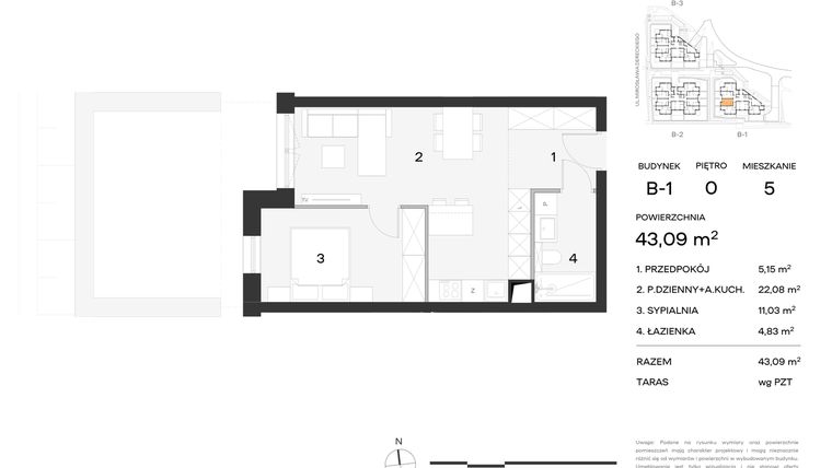 Rzut - Mieszkanie na sprzedaż 2 pokoje o powierzchni 43,09 m² - numer 5 w Koncertowa Dolina