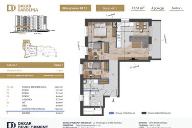 Rzut - Mieszkanie na sprzedaż 4 pokoje o powierzchni 72,63 m² - numer 13 w Osiedle Dakar Karolina