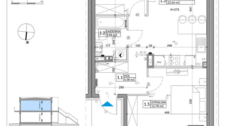 Rzut - Mieszkanie na sprzedaż 3 pokoje o powierzchni 56,89 m² - numer 58B w Osiedle Młodych etap IX