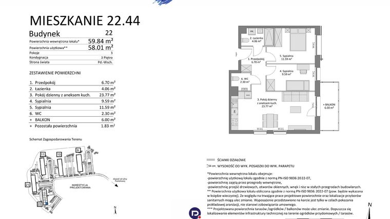 Rzut - Mieszkanie na sprzedaż 3 pokoje o powierzchni 58,01 m² - numer 22.44 w Osiedle Pastelowe etap IV