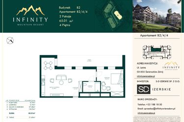 Rzut - Mieszkanie na sprzedaż 2 pokoje o powierzchni 65,01 m² - numer B2.4.4 w Infinity Mountain Resort