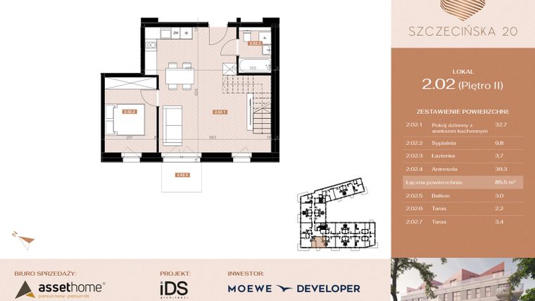 Rzut - Mieszkanie na sprzedaż 2 pokoje o powierzchni 85 m² - numer 202 w Szczecińska 20