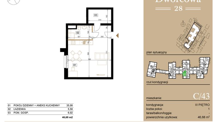 Rzut - Mieszkanie na sprzedaż 1 pokój o powierzchni 47,74 m² - numer C43 w Dworcowa 28