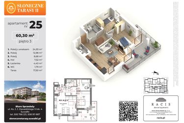 Rzut - Mieszkanie na sprzedaż 3 pokoje o powierzchni 60,3 m² - numer 25 w Słoneczne Tarasy II