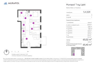 Rzut - Mieszkanie na sprzedaż 4 pokoje o powierzchni 65,4 m² - numer 1.A.3.01 w Murapol Trzy Lipki