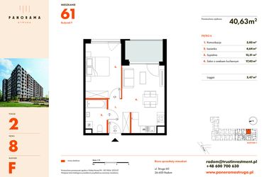 Rzut - Mieszkanie na sprzedaż 2 pokoje o powierzchni 40,63 m² - numer F61 w Panorama Struga