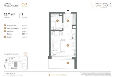 Rzut - Mieszkanie na sprzedaż 1 pokój o powierzchni 25,11 m² - numer 3 w Witkiewicza Apartments