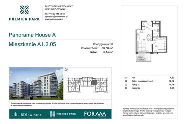 Rzut - Mieszkanie na sprzedaż 2 pokoje o powierzchni 39,58 m² - numer A1.2.05 w Premier Park II