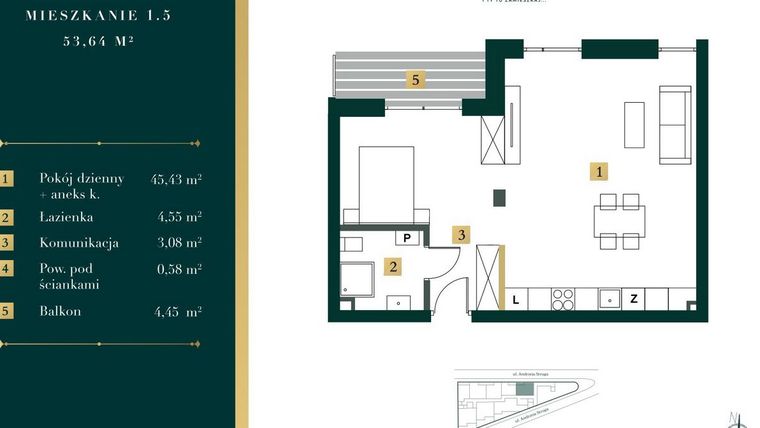 Rzut - Mieszkanie na sprzedaż 1 pokój o powierzchni 52,84 m² - numer 1.5 w New Iron