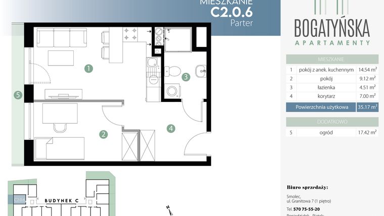 Rzut - Mieszkanie na sprzedaż 2 pokoje o powierzchni 35,17 m² - numer C2.0.6 w Bogatyńska Apartamenty etap 3