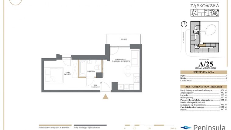 Rzut - Mieszkanie na sprzedaż 1 pokój o powierzchni 32,8 m² - numer 25 w Galant Ząbkowska