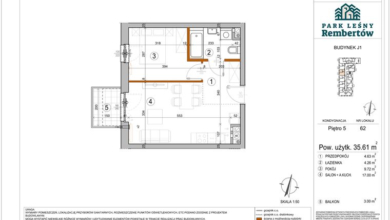 Rzut - Mieszkanie na sprzedaż 2 pokoje o powierzchni 35,61 m² - numer J1-62 w Park Leśny Rembertów etap VIII