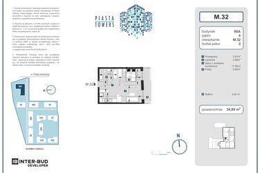 Rzut - Mieszkanie na sprzedaż 2 pokoje o powierzchni 34,89 m² - numer 32 w Piasta Towers bud. 90A