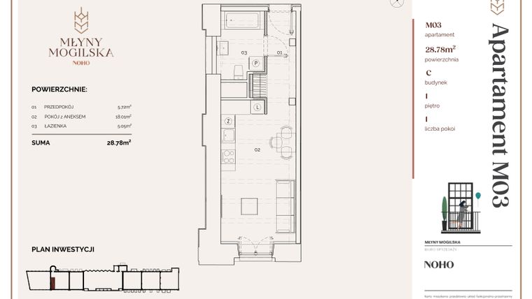 Rzut - Mieszkanie na sprzedaż 1 pokój o powierzchni 29,07 m² - numer C.3 w Młyny Mogilska