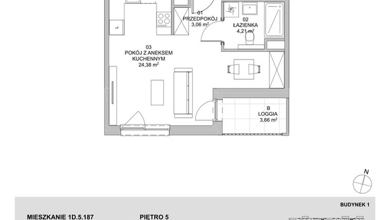 Rzut - Mieszkanie na sprzedaż 1 pokój o powierzchni 31,65 m² - numer 1D.5.187 w Francuska Park VIIIB