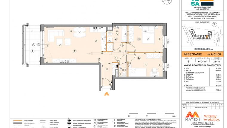 Rzut - Mieszkanie na sprzedaż 3 pokoje o powierzchni 64,2 m² - numer A.01.06 w Sokratesa 11a