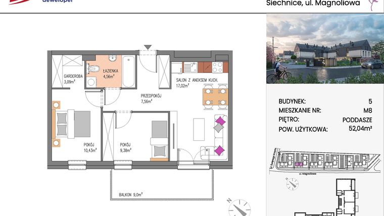 Rzut - Mieszkanie na sprzedaż 3 pokoje o powierzchni 52,04 m² - numer Bud.5-8 w Willa Magnolia