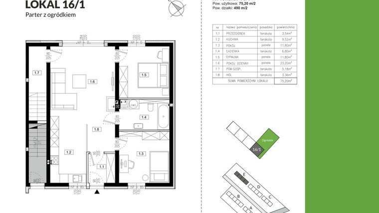 Rzut - Mieszkanie na sprzedaż 3 pokoje o powierzchni 75,2 m² - numer 16/1 w Szczęśliwa Polana