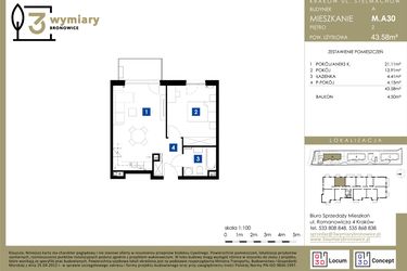 Rzut - Mieszkanie na sprzedaż 2 pokoje o powierzchni 43,58 m² - numer M.A30 w 3 Wymiary Bronowice
