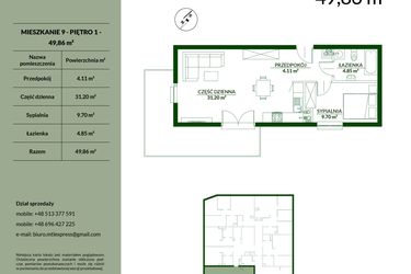 Rzut - Mieszkanie na sprzedaż 2 pokoje o powierzchni 49,86 m² - numer 9 w Bukowa etap II