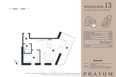 Rzut - Mieszkanie na sprzedaż 2 pokoje o powierzchni 59,61 m² - numer M13 w Pratum Apartamenty Etap I
