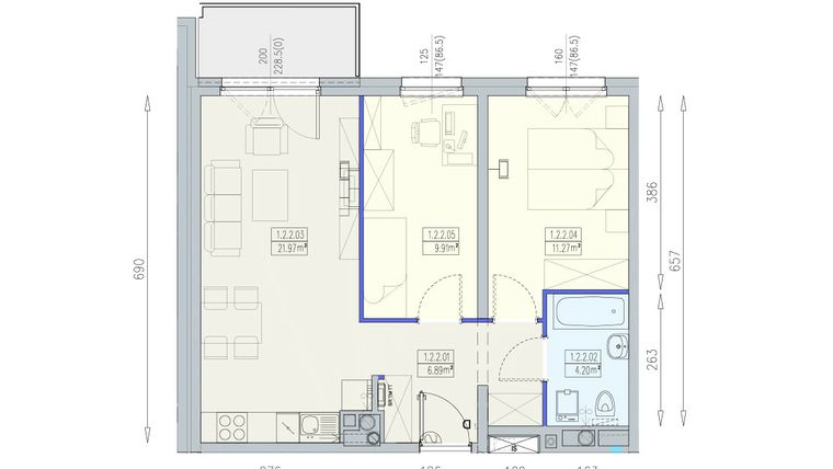 Rzut - Mieszkanie na sprzedaż 3 pokoje o powierzchni 54,23 m² - numer K1 1/2/2/3a w Południk 17 - budynek K1