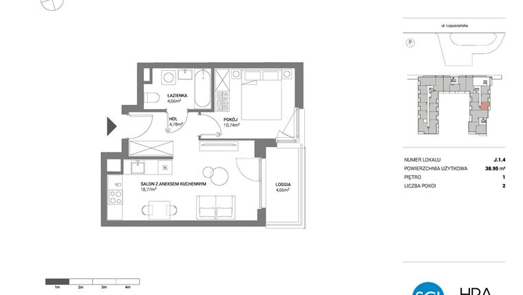 Rzut - Mieszkanie na sprzedaż 2 pokoje o powierzchni 38,95 m² - numer J.1.4 w Łopuszańska 47 - etap 3