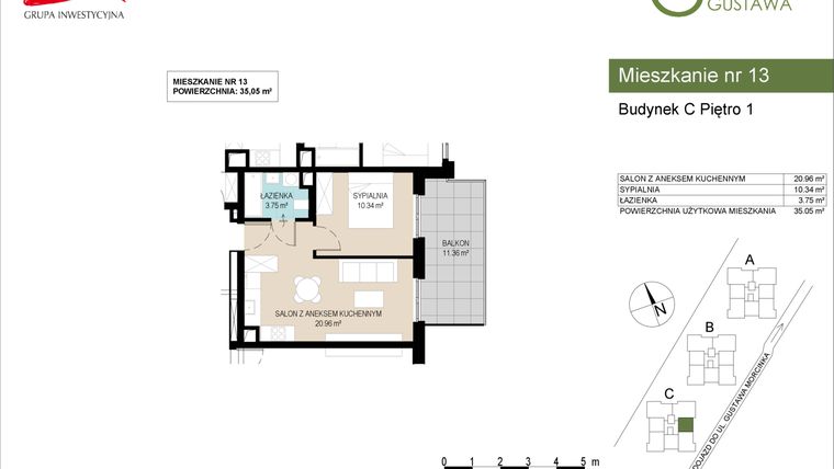 Rzut - Mieszkanie na sprzedaż 2 pokoje o powierzchni 35,05 m² - numer C13 w Wzgórze Gustawa