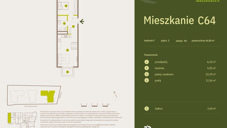 Rzut - Mieszkanie na sprzedaż 2 pokoje o powierzchni 46 m² - numer C64 w Osiedle Imbramowskie