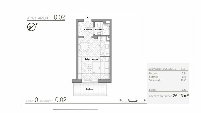 Rzut - Mieszkanie na sprzedaż 1 pokój o powierzchni 26,43 m² - numer 1.2 w Villa Książąt Pomorskich
