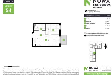 Rzut - Mieszkanie na sprzedaż 2 pokoje o powierzchni 37,59 m² - numer M54 w Nowa Częstochowa Mościckiego