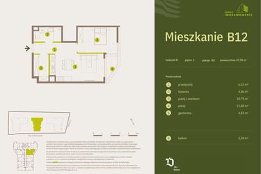 Rzut - Mieszkanie na sprzedaż 2 pokoje o powierzchni 47,39 m² - numer B12 w Osiedle Imbramowskie