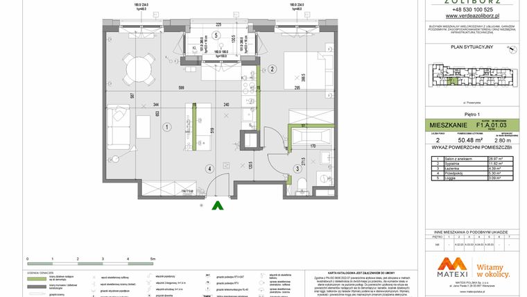 Rzut - Mieszkanie na sprzedaż 2 pokoje o powierzchni 50,48 m² - numer F1.A.01.03 w Verdea Żoliborz