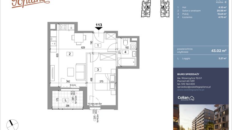 Rzut - Mieszkanie na sprzedaż 2 pokoje o powierzchni 43,24 m² - numer F113 w Goplana budynek F