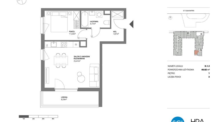 Rzut - Mieszkanie na sprzedaż 2 pokoje o powierzchni 49,65 m² - numer K.1.2 w Łopuszańska 47 - etap 3