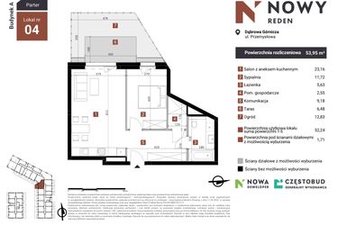 Rzut - Mieszkanie na sprzedaż 2 pokoje o powierzchni 53,95 m² - numer A4 w Nowy Reden