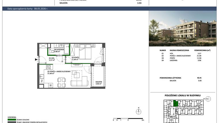 Rzut - Mieszkanie na sprzedaż 2 pokoje o powierzchni 43,41 m² - numer C-37 w Hillence etap 3