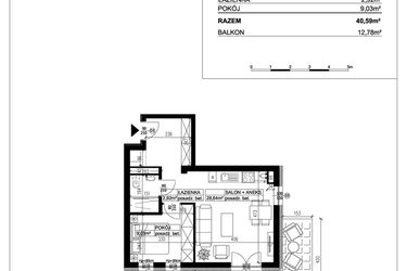 Rzut - Mieszkanie na sprzedaż 2 pokoje o powierzchni 40,59 m² - numer 30A w Ceramika