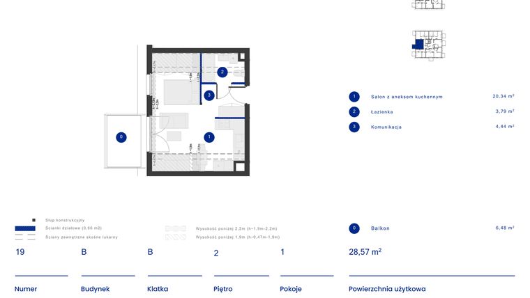 Rzut - Mieszkanie na sprzedaż 1 pokój o powierzchni 28,57 m² - numer B.19 w Osiedle Inverso