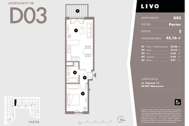 Rzut - Mieszkanie na sprzedaż 2 pokoje o powierzchni 45,16 m² - numer D03 w Livo
