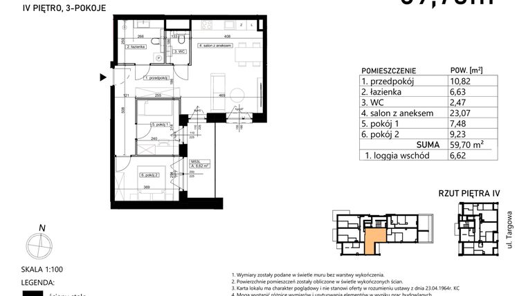 Rzut - Mieszkanie na sprzedaż 3 pokoje o powierzchni 59,7 m² - numer M53 w Finezja