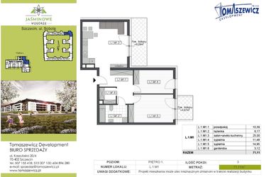 Rzut - Mieszkanie na sprzedaż 3 pokoje o powierzchni 71,11 m² - numer L1M1 w Jaśminowe Wzgórze - etap II