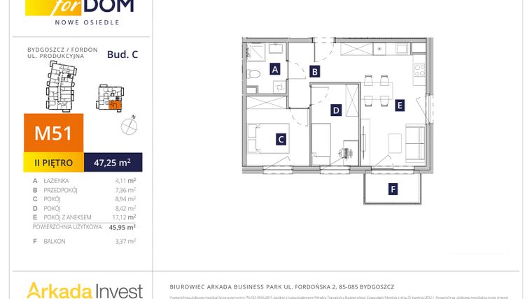 Rzut - Mieszkanie na sprzedaż 3 pokoje o powierzchni 47,25 m² - numer C51 w Osiedle forDOM – etap C