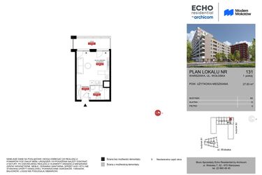 Rzut - Mieszkanie na sprzedaż 1 pokój o powierzchni 27,83 m² - numer B2.131 w Modern Mokotów