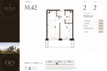 Rzut - Mieszkanie na sprzedaż 2 pokoje o powierzchni 35,19 m² - numer M42 w Zenit Głowackiego