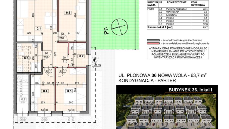 Rzut - Mieszkanie na sprzedaż 4 pokoje o powierzchni 63,7 m² - numer 36/1 w Zespół willowy Zielona Polana - etap 6