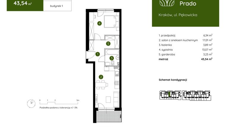 Rzut - Mieszkanie na sprzedaż 2 pokoje o powierzchni 43,54 m² - numer 1.A.0.01 w Murapol Prado